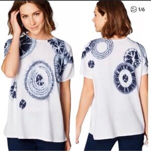 J. Jill Linen Blend Top Size XL Oversized Short Sleeve White Blue Tie Dye Boxy